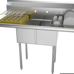 Koolmore 48” Freestanding Stainless Steel 2 Compartment Commercial Sink w/Drainboard