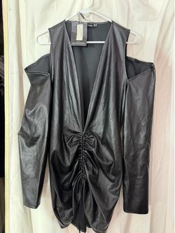 PrettyLittleThing Black Faux Leather Dress Size 16 Cold Shoulder Ruched Bodycon NEW