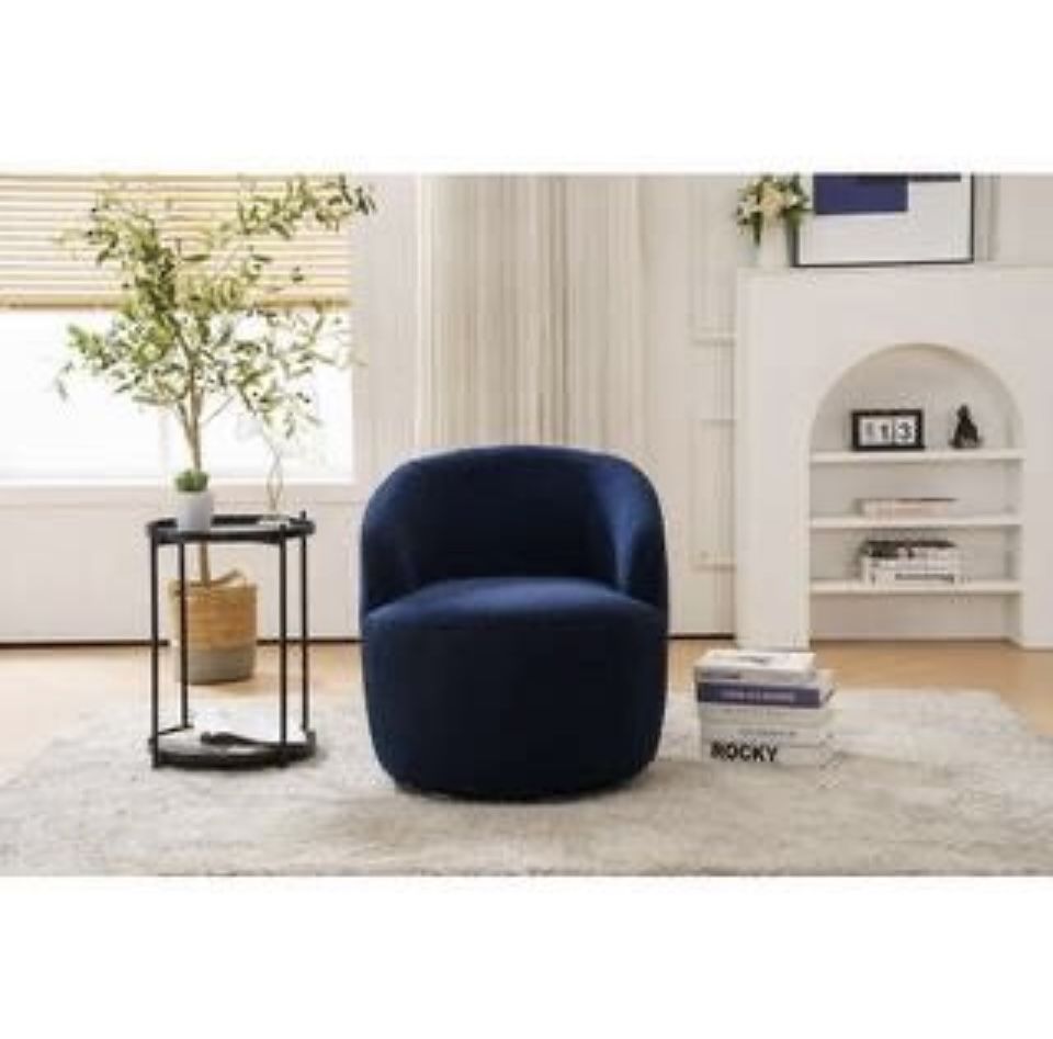 NEW Blue Teddy Fabric Swivel Arm Chair with Black Coating Metal Ring