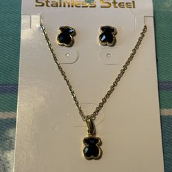 Bear Set Onyx Earrings Necklace 