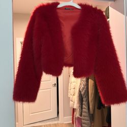 Women’s Faux Fur Red Shawl Bolero Coat Size Small 
