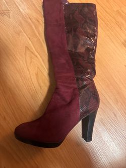 Burgundy Suede Snake Print Heel Boot