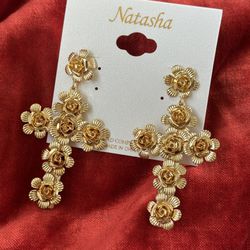 BEAUTIFUL NATASHA LARGE GOLD CROSS ROSE FLORAL CHANDELIER FANCY PAGEANT EARRINGS