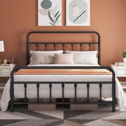 Classic Metal Platform Bed Frame Mattress Foundation with Victorian Style Iron-Art Headboard/Footboard/Under Bed Storage/No Box Spring Needed/Queen Si