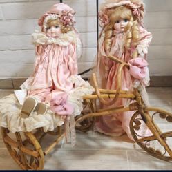 *RARE* Victorian Rose Collection Signature Series Boy & Girl Porcelain Dolls W/ Rattan Tricycle