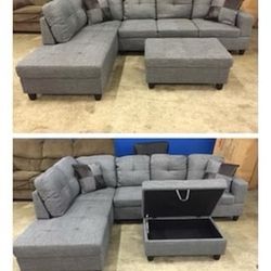Grey Linen Sectional Couch And Ottoman