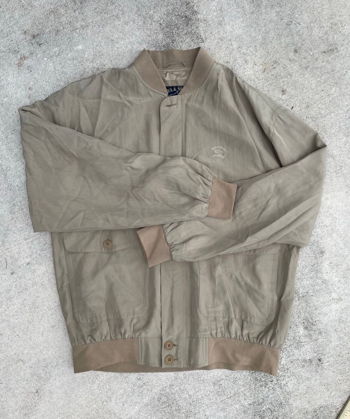 Paul & Shark Yachting XL Bomber Jacket 100% Silk Beige Tan Italy Shark Logo