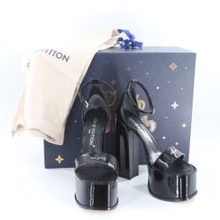 LOUIS VUITTON Patent Fame Platform Black Sandals Women Size 38