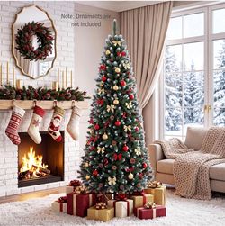 🎄7ft Slim Pencil Christmas Tree with Frosted 720 Branch Tips Unlit Artificial Xmas Tree with 39 Natural Pine Cones & Folding Metal Stand, Hinged Holi