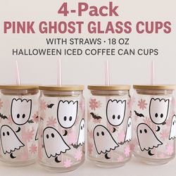 4-Pack Pink Ghost Glass Cups w/ Straws | 18oz Halloween Iced Coffee Can Cups