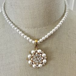 Faux Pearl  Gold Tone Rhinestone Pendant Necklace