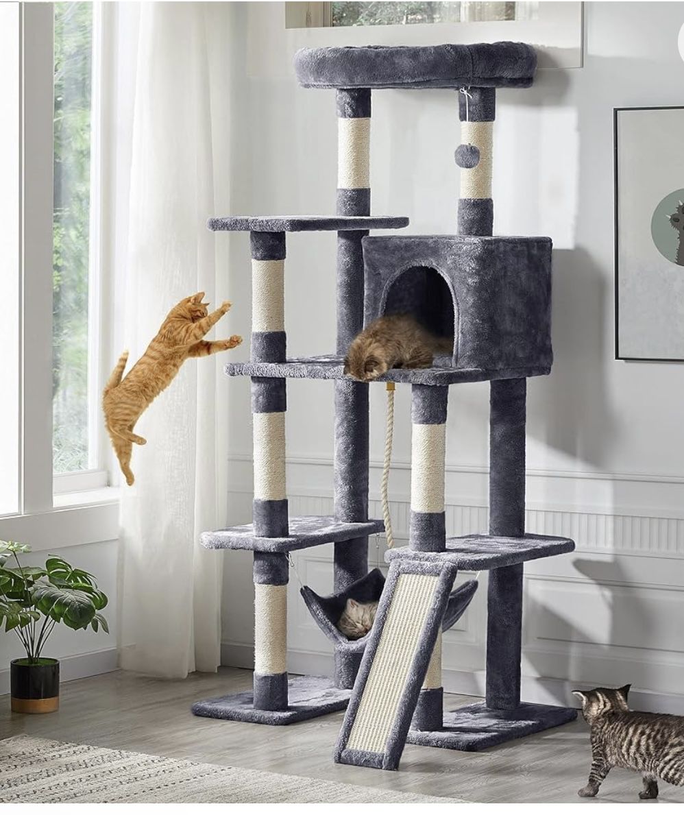 Large Multi-Level Cat Tree, 63 Inches Tall with Sisal-Covered Scratching Posts, Condo, Hammock, Dangling Ball, and Extended Platform for Cats to Play 