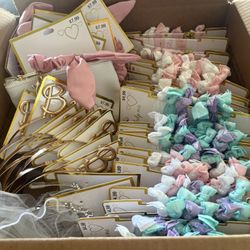 Wedding favors, mixed lot, hair ties, pouch with scrunchie, headband, hair comb tiara, 12 lavender/teal hair ties. 18 pink/white hair ties, 9 coin pou