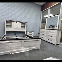 Modern Rustic 4 Piece LED Bedroom Set w/ Bluetooth & USB – Queen/King