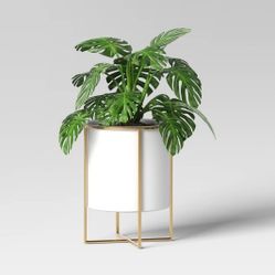 16" Iron Indoor Outdoor Planter Pot With Brass Stand