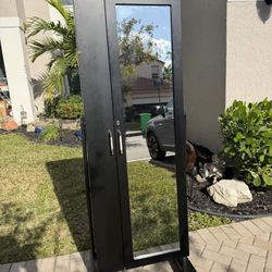 Dark Finish Full Length Mirror Jewelry Wardrobe Double Door