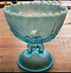 Vintage Opalescent Blue branch pedestal bowl with leaf design