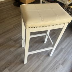 32" Extra Tall Bar Height Stool White Wood Faux Leather Silver Nailhead Trim