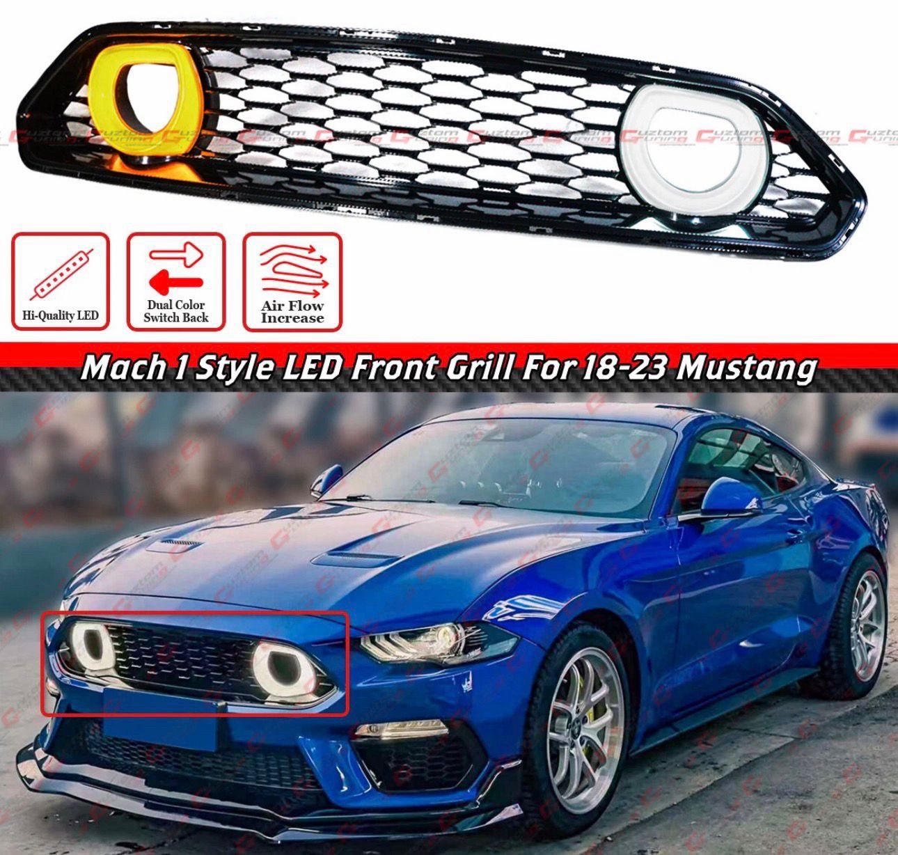 For 18-23 Mustang Mach 1 Style Front Grille W/ White & Amber LED Halo Ring Duct