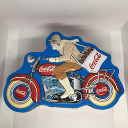 VINTAGE 1998 COCA-COLA HARLEY DAVIDSON MOTORCYCLE SHAPED TIN  COOKIE CONTAINER