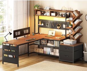 Black & Brown L-Shaped Desk with Hutch and Storage
