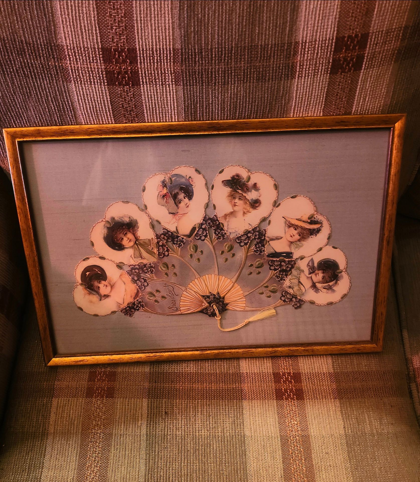 Victorian Circa 1880s-1900 Hand Fan w/ 6 Victorian Ladies Framed