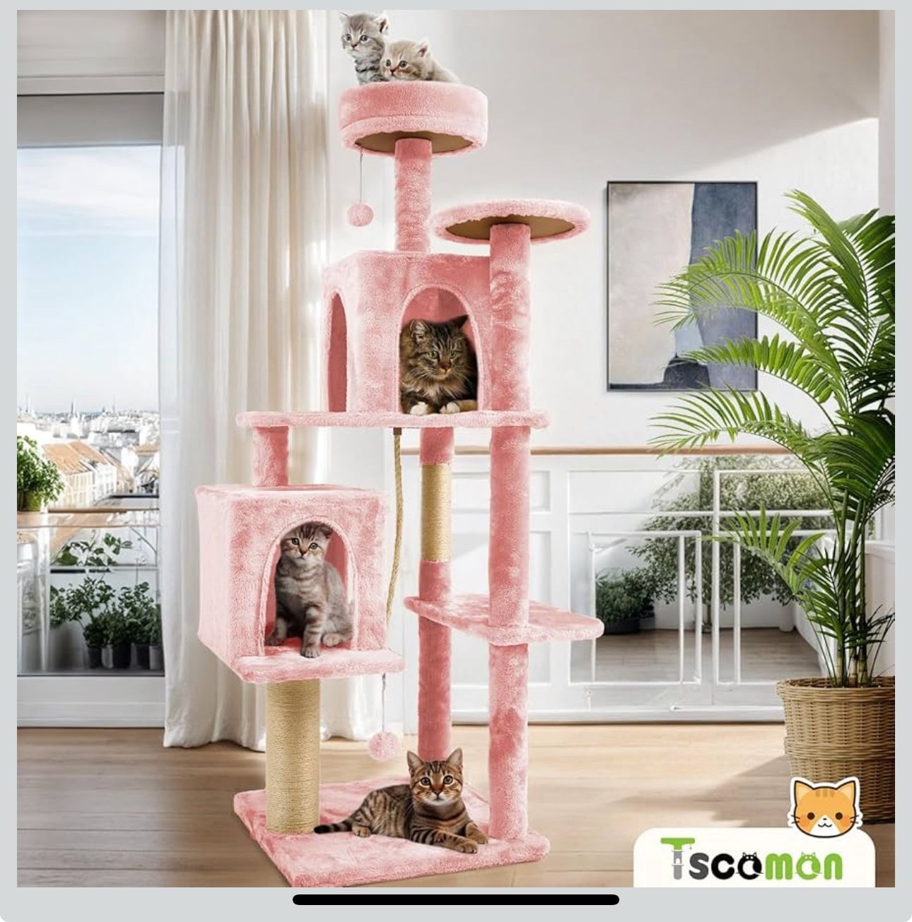 58.5inch Large Cat Tree Tower Condo for Indoor Cats, Soft Plush Multi-Level Climbing Tree Cat House with 1 360° Rotating Cat Cave, Scratching Post, Mo