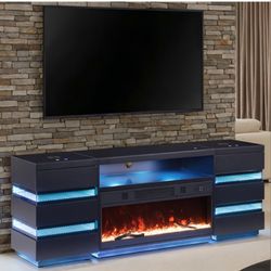 Brand New Black 71 inch TV Stand w Fireplace Simulator & Bluetooth Speakers