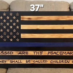 Thin Blue Line  Wooden American Flag, With Scripture 37x19.