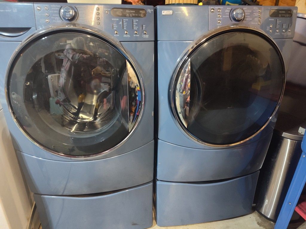 Kenmore HE5 Washer And Dryer On Pedestals/Blue In Color