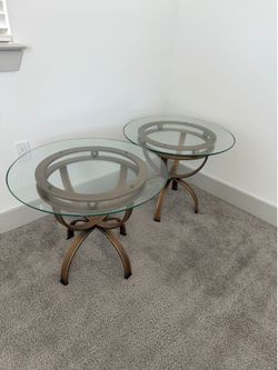 Brass Tone Metal Glass Top Round End Tables - 2 Total