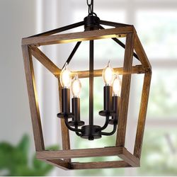 Farmhouse Chandelier Light Fixture for Kitchen Dining Room, 4-Light Rustic Pendant Hanging Ceiling Light Height Adjustable in Oak Wood Finish, Cage La