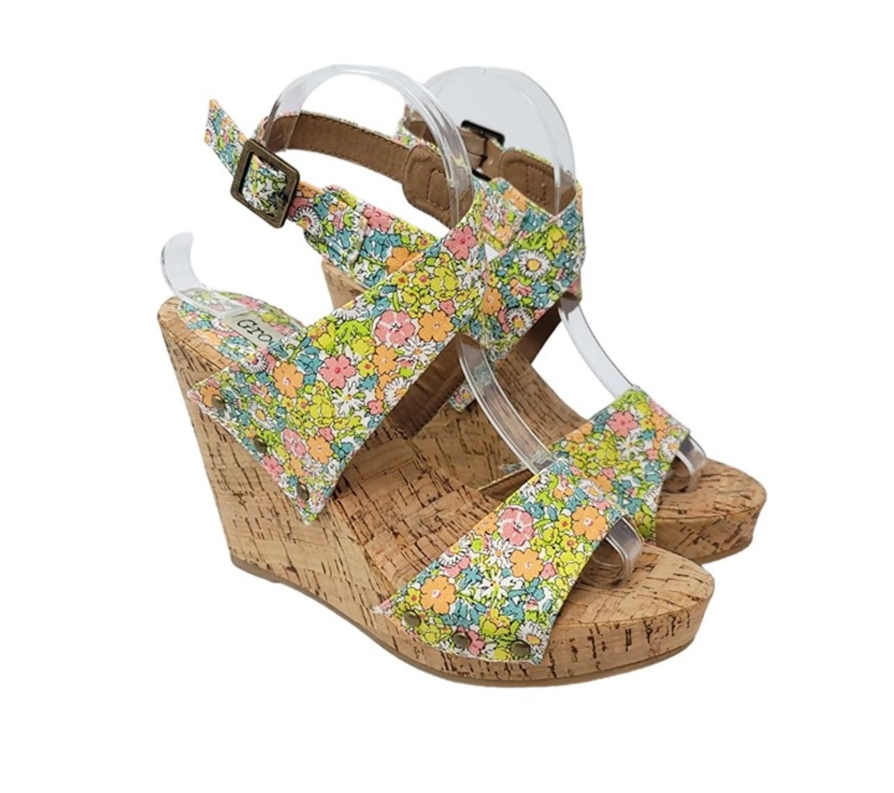 ANKLE WRAP WEDGE SANDALS FLORAL/STUDDED DESIGN *BOHO CHIC SIZE 8 GROOVE 4"WEDGE
