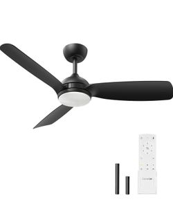 44 Inch Modern Ceiling Fan, Downrod Mount, Reversible Quiet DC Motor, 6 Speed, 3 Color and Dimmable, Black Ceiling Fan For Indoor and Covered Outdoor
