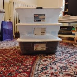 Sterilite Set of (3) 28 Quart Storage Boxes, Clear Plastic Storage Bin with Snap-On Lid, White