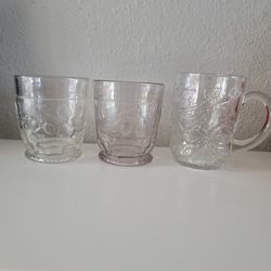 Two pressed glass tumblers and Princess House Fantasia crystal mug.