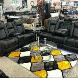 Party Time Midnight LED Power Reclining Living Room Set with Adjustable Headrest 📂 Sofa And Loveseat 3469