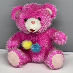 Pre-loved Bears R Us frosted pink teddy bear Pom Poms hanging from neck RARE