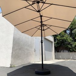 (NEW) $130 Large Double Sided Outdoor (15ft Umbrella and 65lbs Plastic Base set) Beige color