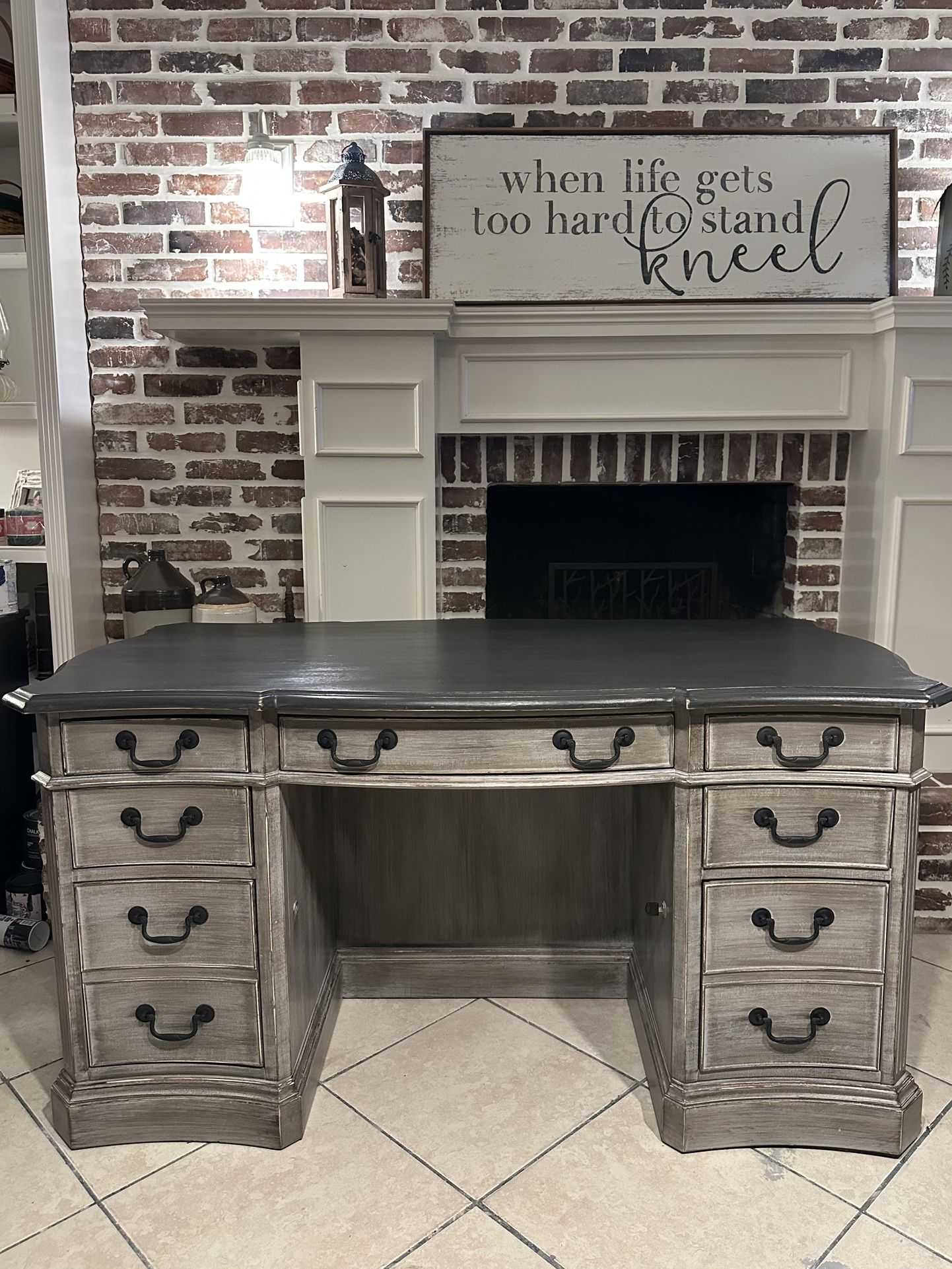 Beautiful Refinished Hooker Executive Desk with Key and bookcase in back