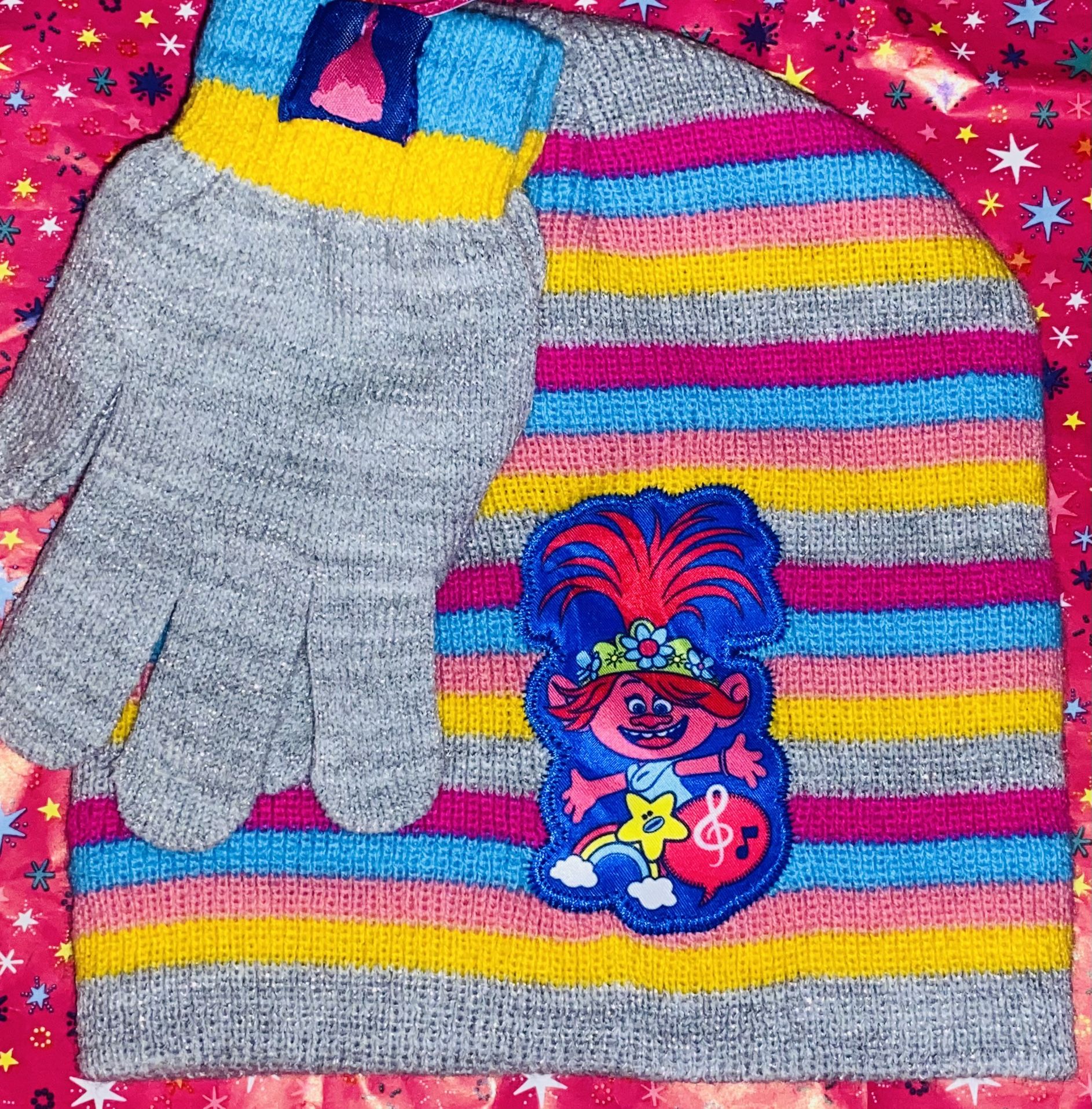 GIRLS✨💕🎉❄️💜🧬💛🦋TROLLS GREY W: BRIGHT✨COLORFUL🌈STRIPES TROLL GRAPHIC MATCHING HAT & GLOVES🧤SET