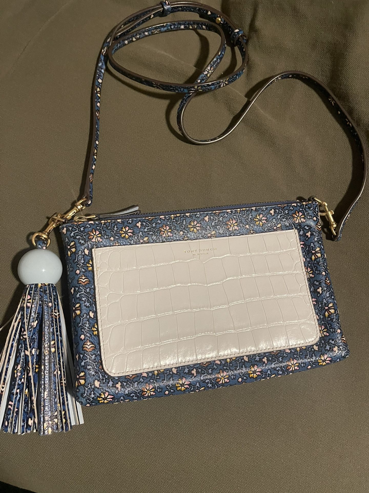 Tory Burch Blake Slim Crossbody Bag Croc Blue Floral