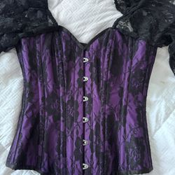 Top Drawer Purple w/Black Lace Steel Boned Long Sleeve Corset