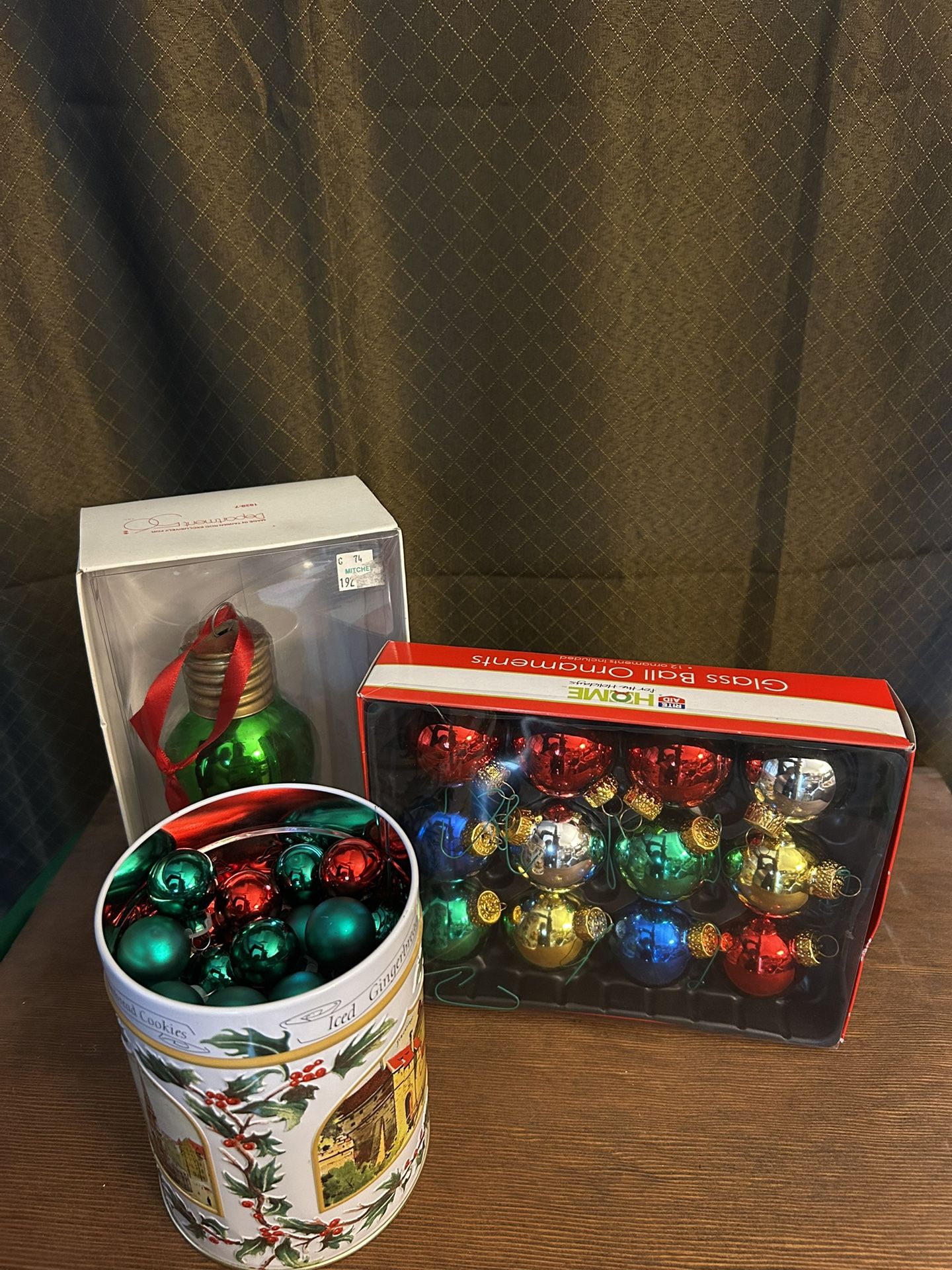 Lot Of Glass Ornaments & Music Box Tin