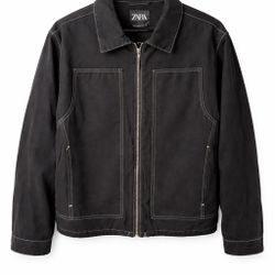 ZARA Men’s Black Zip-Up Jacket – Size Large (Contrast Stitching) 