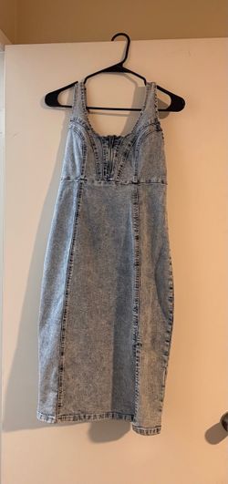Stonewash knee length stretchy fitted jeans, dress with slit and adjustable straps Size M