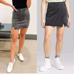 Notch Front Seamed Denim Mini Skirt Black Wash Wild Fable Jean Stretch Slit  