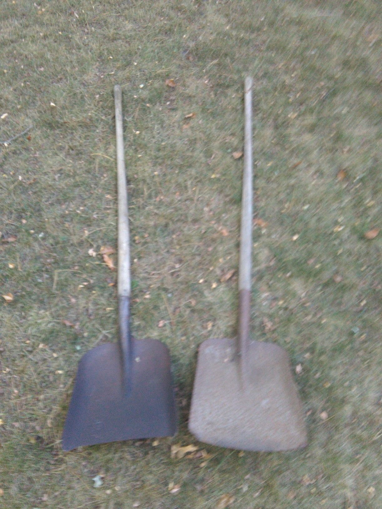 2 metal shovels wooden ja does landscaping yard work digging