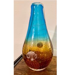 12" Hand Blown Glass Art Vase Blue, Green, and Yellow with Jellyfish