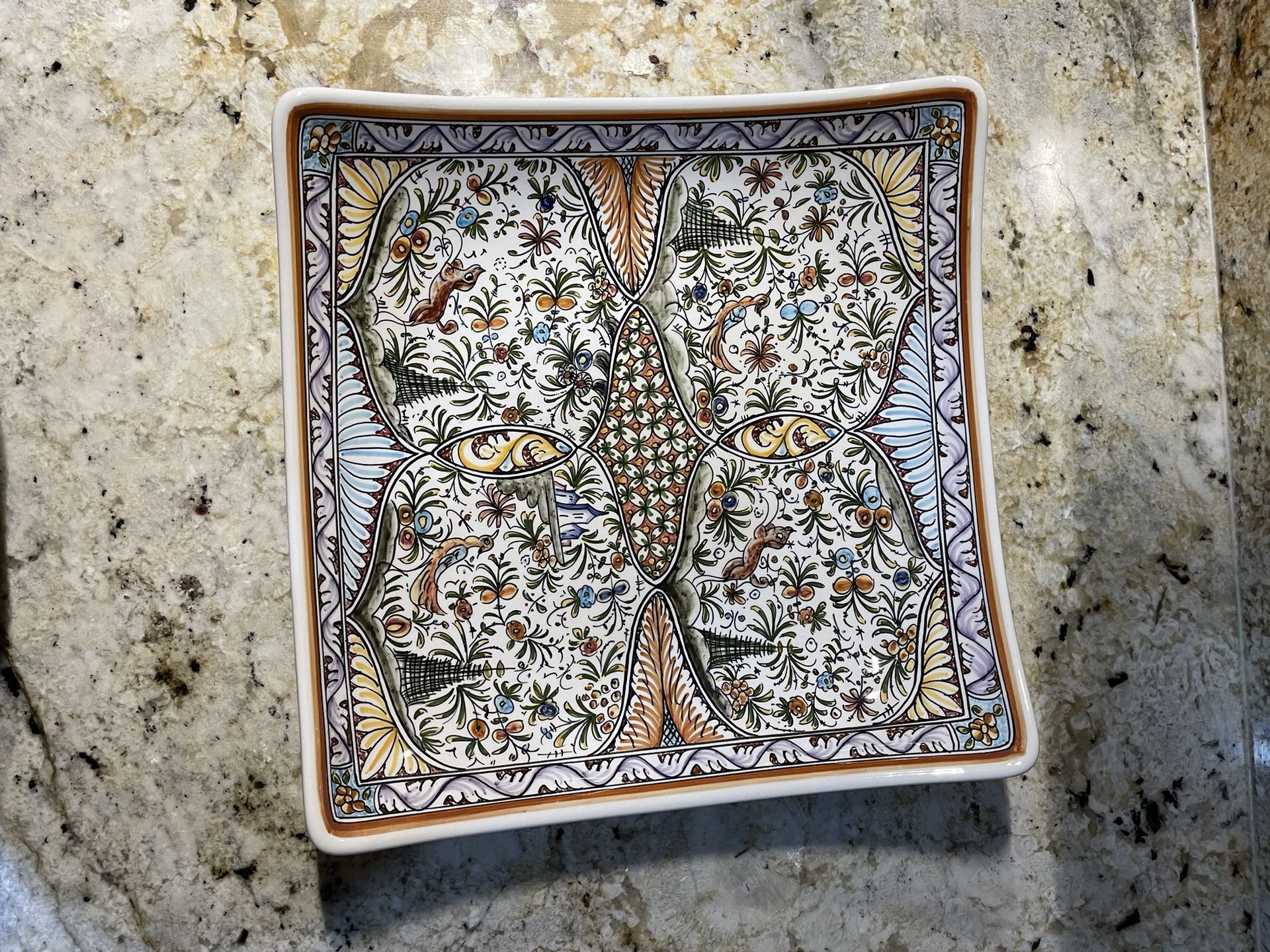 Hand-painted ceramic platter from Coimbra, Portugal. -16”x16”
